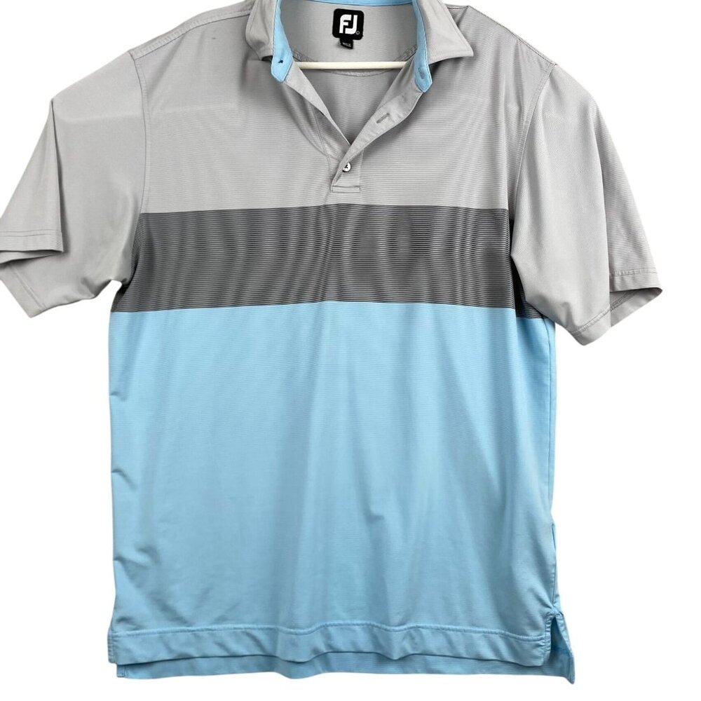 Foot Joy Men's Polo Shirt Tri-Color Striped Size Large Blue and White Casual